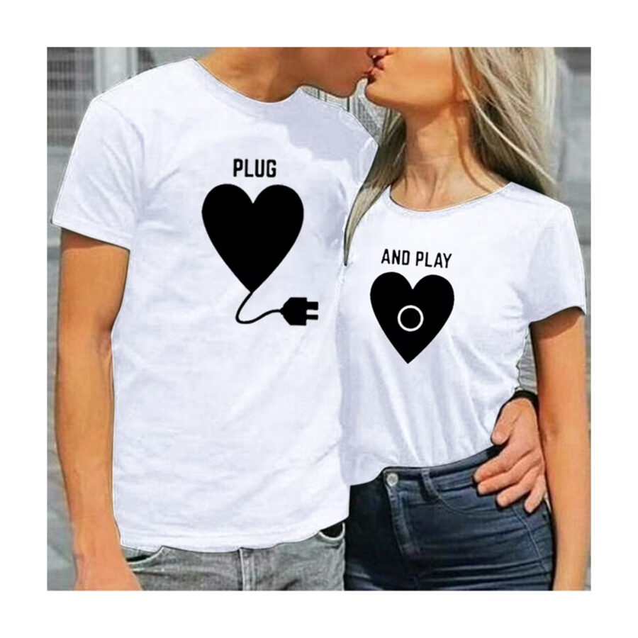 Couple t-shirt for love heart charging print tees tops valentine day shirt solid color custom matching couple shirt white - Image 3